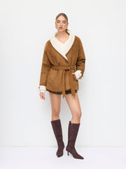 Faux Shearling Collar Oversized Jacket With Belt