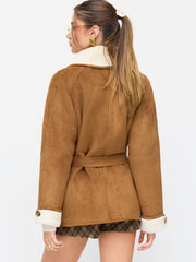 Faux Shearling Collar Oversized Jacket With Belt