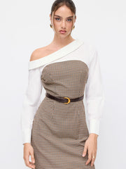 Cotton Fold Over Asymmetrical Neck Checks Patched Side Split Midi Dress With Belt