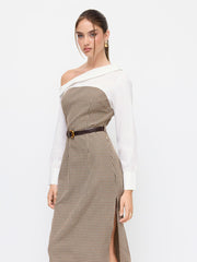 Cotton Fold Over Asymmetrical Neck Checks Patched Side Split Midi Dress With Belt