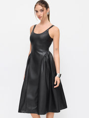 Faux Leather Scoop Neckline Ruffle A-line Midi Cami Dress