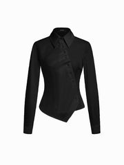 100% Cotton Collar Check Asymmetrical Wrap Blouse