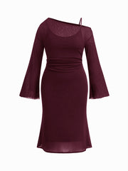 Two Pieces Asymmetrical Neck Lettuce Trim Bell Sleeve Maxi Dress With Cami Midi Dress Curve & Plus