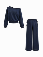 Cotton-blend Asymmetrical Neck Oversized Top & Mid Rise Drawstring Side Knotted Trousers Loungewear Set