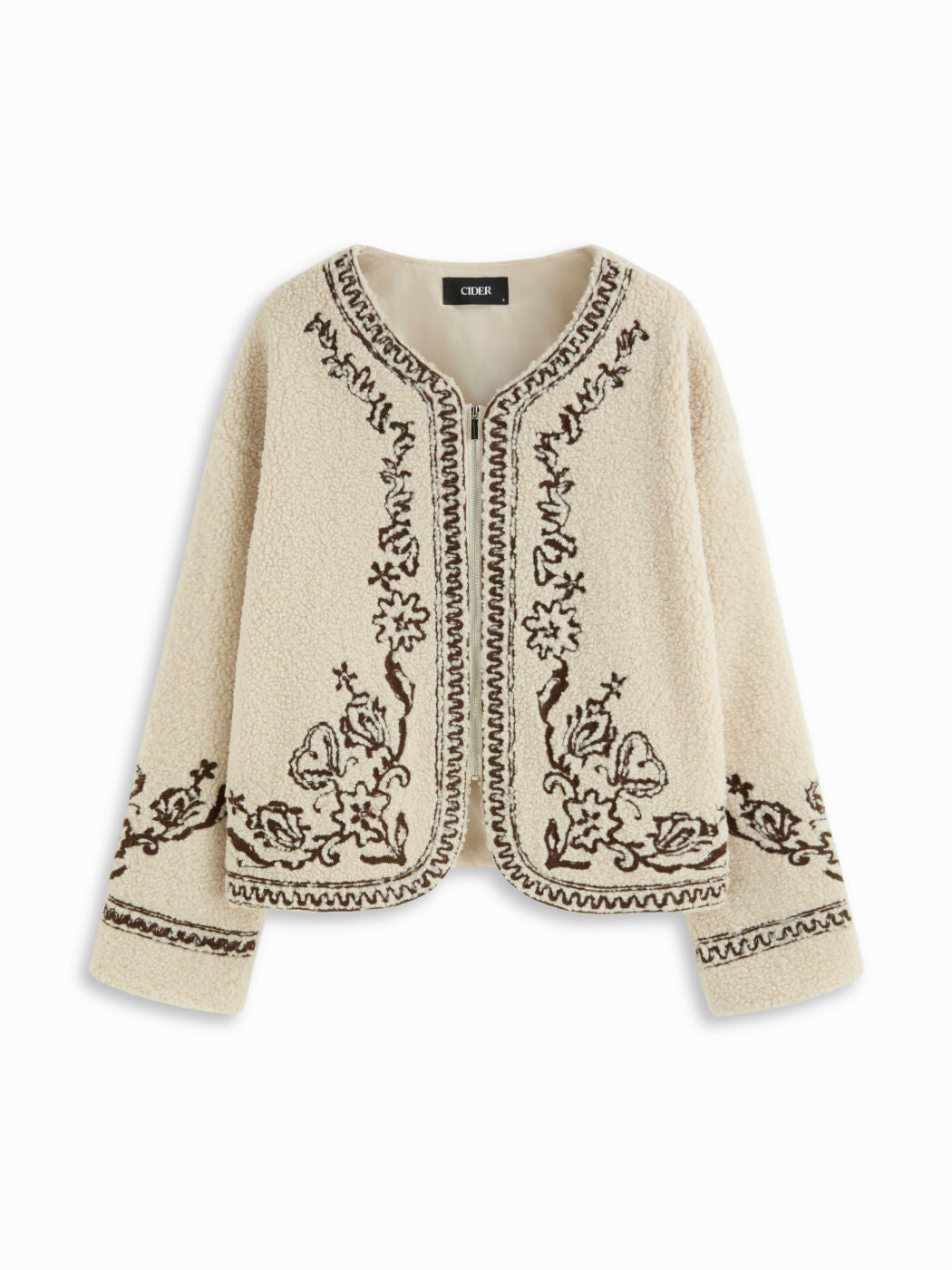 Fleece Floral Embroidery Zip Through Oversized Jacket