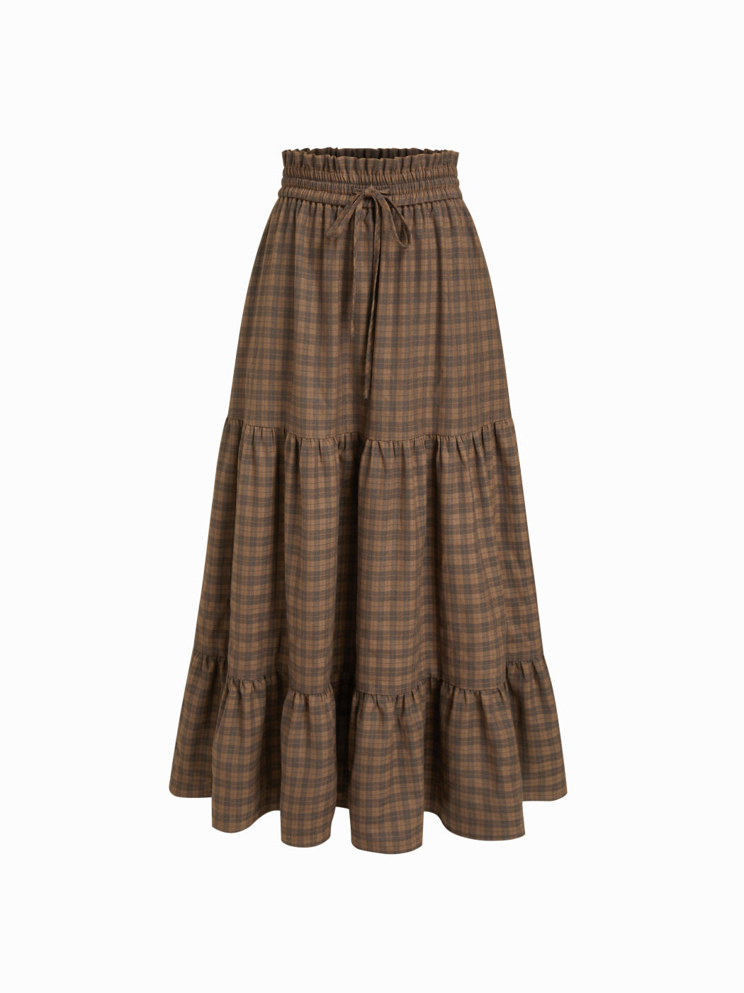 Elastic Waist Check Knotted Tiered Maxi Skirt