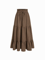 Elastic Waist Check Knotted Tiered Maxi Skirt