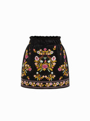 Velvet Mid Rise Floral Embroidered Lettuce Trim Elastic Waist Mini Skirt