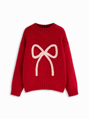 Knit Crochet Round Neckline Bowknot Oversized Chunky Sweater
