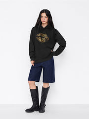 Cotton-blend Leopard Lip Graphic Oversized Hoodie