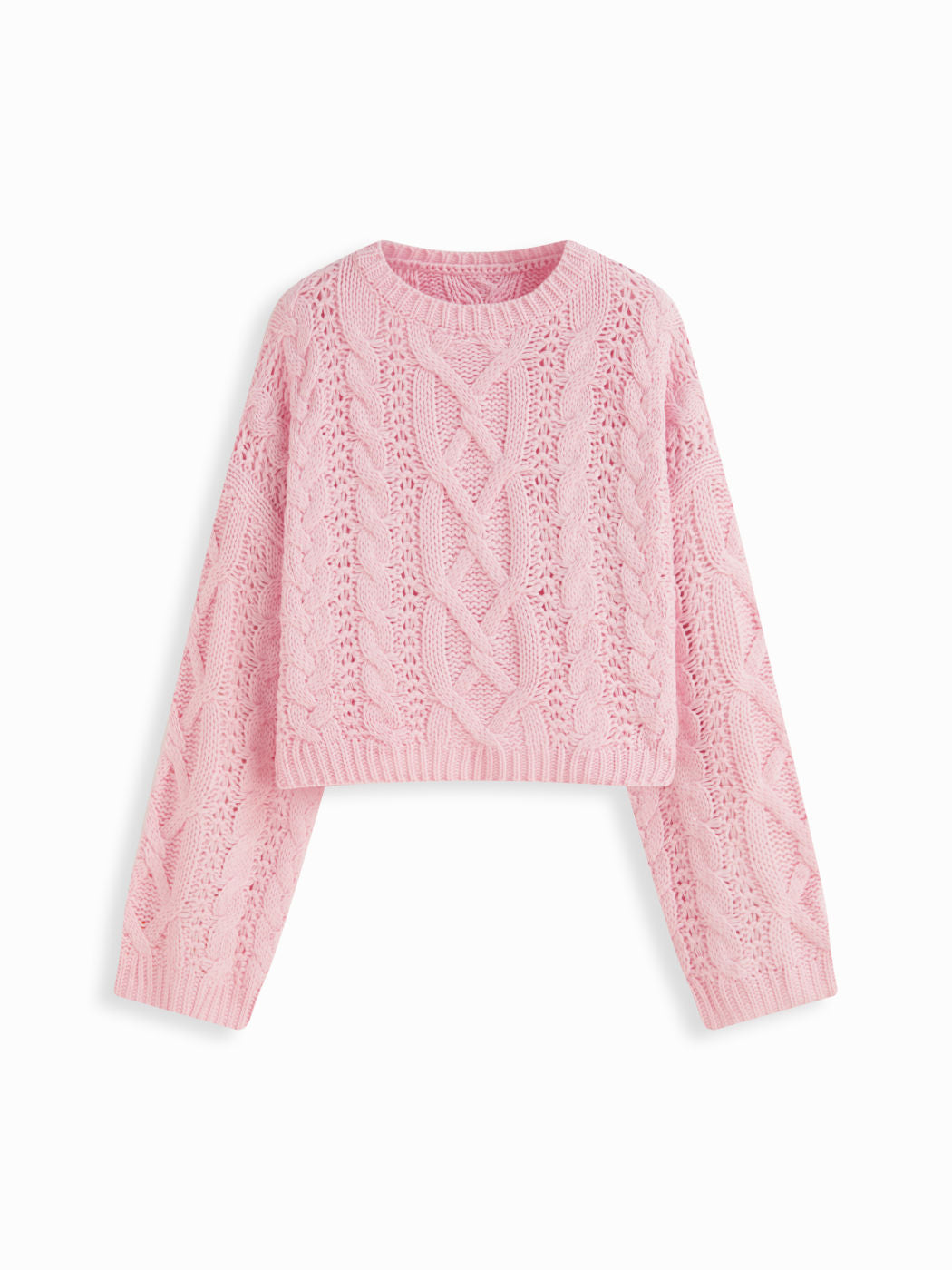 Cable Knit Round Neckline Oversized Long Sleeve Crop Top