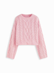 Cable Knit Round Neckline Oversized Long Sleeve Crop Top