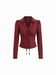 Striped Collar V-neck Long Sleeve Lace Trim Tie Back Blouse