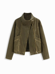 Faux Leather Collar Zip Through Oversized Jacket