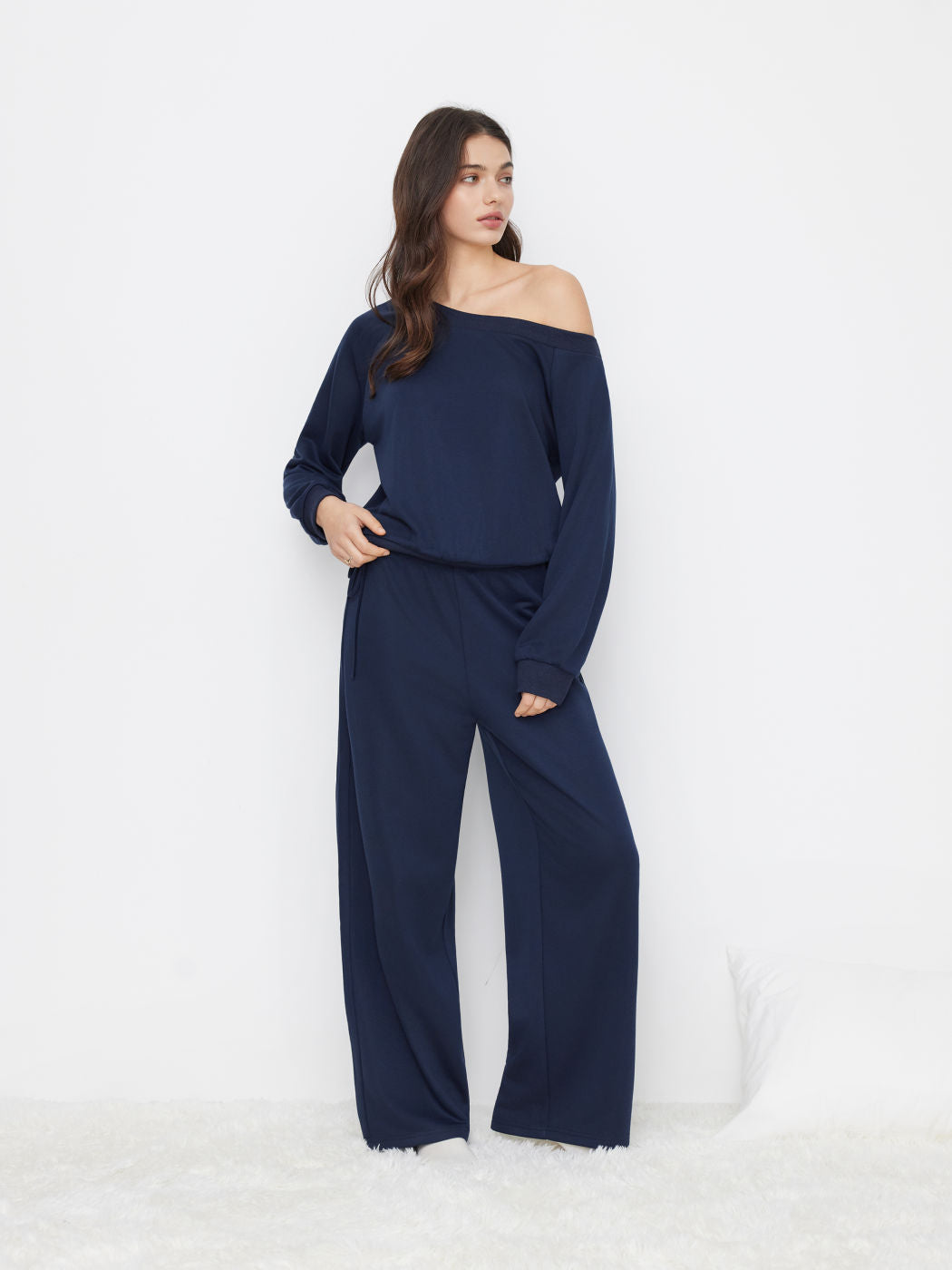 Cotton-blend Asymmetrical Neck Oversized Top & Mid Rise Drawstring Side Knotted Trousers Loungewear Set