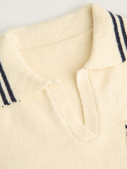 Knit Polo V-neck Long Sleeve Contrasting Binding Oversized Sweater