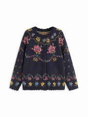 Knit Floral Round Neck Long Sleeve Oversized Cardigan