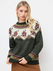 Knit Round Neckline Polka Dot & Floral Fair Isle Long Sleeve Top