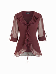 Chiffon V-neck Tie Back Lettuce Trim Ruffle See-through Blouse