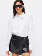 Stand Collar Long Sleeve Knotted Button Shirt Bodysuit