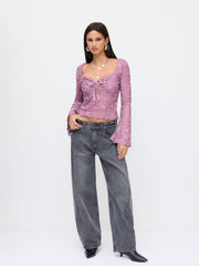 Lace Sweetheart Neck Long Sleeve Floral Kontted Top