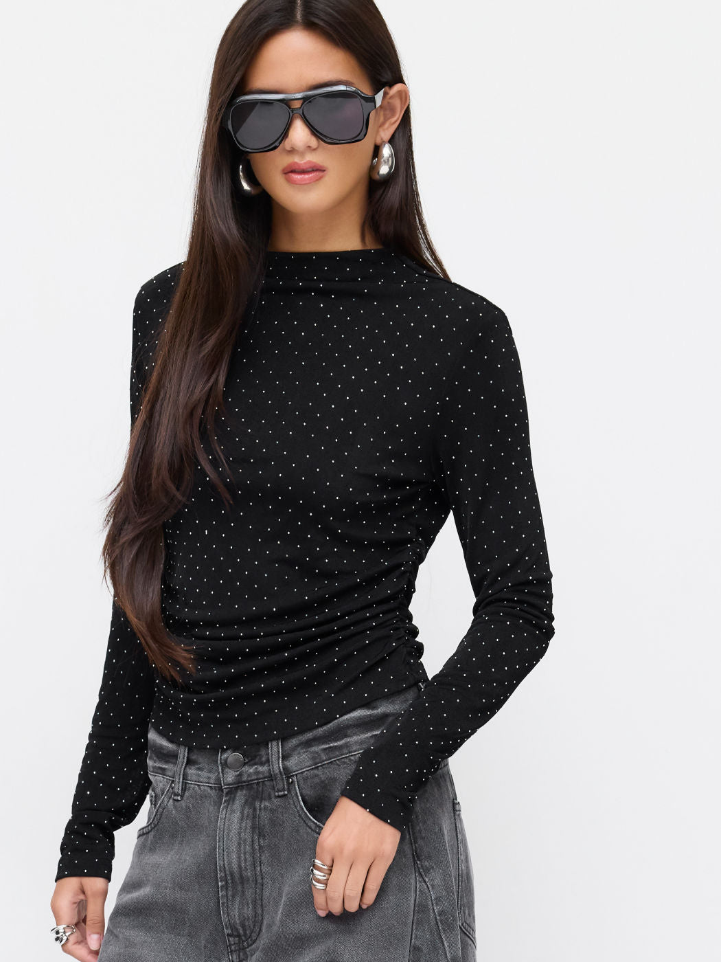 High Neck Long Sleeve Rhinestone Ruched Top