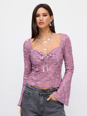 Lace Sweetheart Neck Long Sleeve Floral Kontted Top