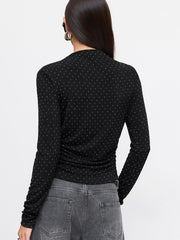 High Neck Long Sleeve Rhinestone Ruched Top