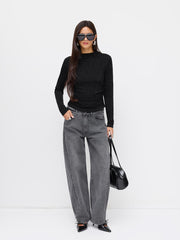 High Neck Long Sleeve Rhinestone Ruched Top