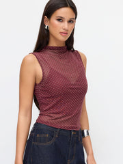 Mesh Stand Collar Rhinestone See-through Top & Solid Cami Top