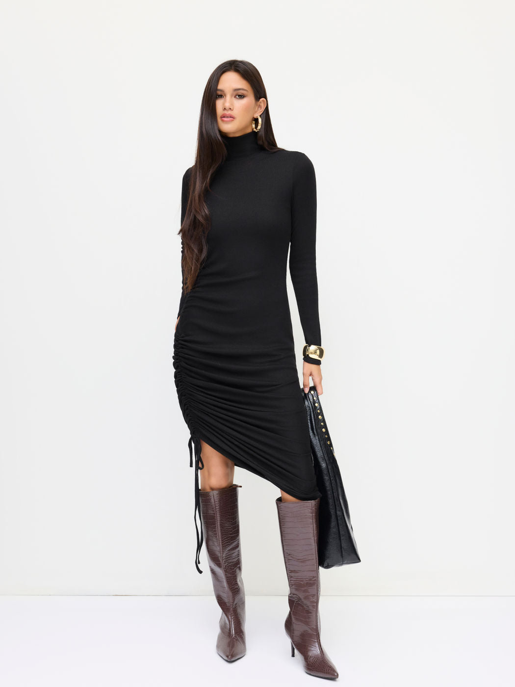 High Neck Ruched Drawstring Maxi Dress