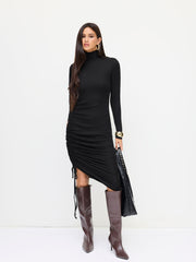 High Neck Ruched Drawstring Maxi Dress