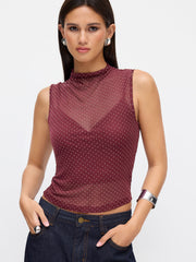 Mesh Stand Collar Rhinestone See-through Top & Solid Cami Top