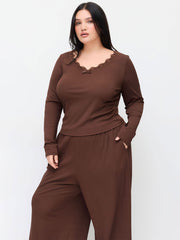 V-neck Lace Trim Long Sleeve Top & Mid Rise Wide Leg Trousers Set Curve & Plus