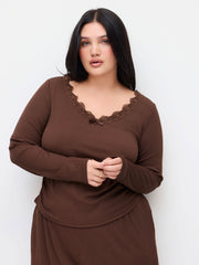 V-neck Lace Trim Long Sleeve Top & Mid Rise Wide Leg Trousers Set Curve & Plus
