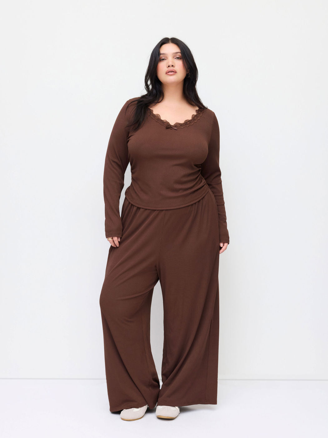 V-neck Lace Trim Long Sleeve Top & Mid Rise Wide Leg Trousers Set Curve & Plus