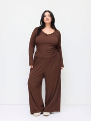 V-neck Lace Trim Long Sleeve Top & Mid Rise Wide Leg Trousers Set Curve & Plus