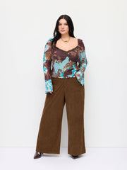 Corduroy Mid Rise Elastic Waist Wide Leg Trousers Curve & Plus