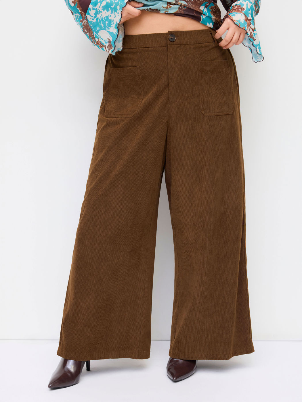 Corduroy Mid Rise Elastic Waist Wide Leg Trousers Curve & Plus
