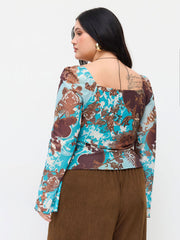 Mesh Sweetheart Baroque Lace Lettuce Trim Long Sleeve Top Curve & Plus