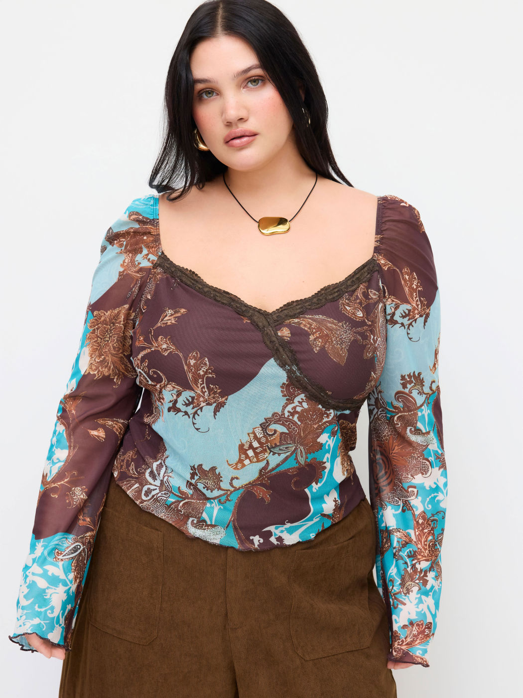 Mesh Sweetheart Baroque Lace Lettuce Trim Long Sleeve Top Curve & Plus