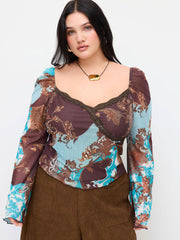 Mesh Sweetheart Baroque Lace Lettuce Trim Long Sleeve Top Curve & Plus