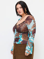 Mesh Sweetheart Baroque Lace Lettuce Trim Long Sleeve Top Curve & Plus