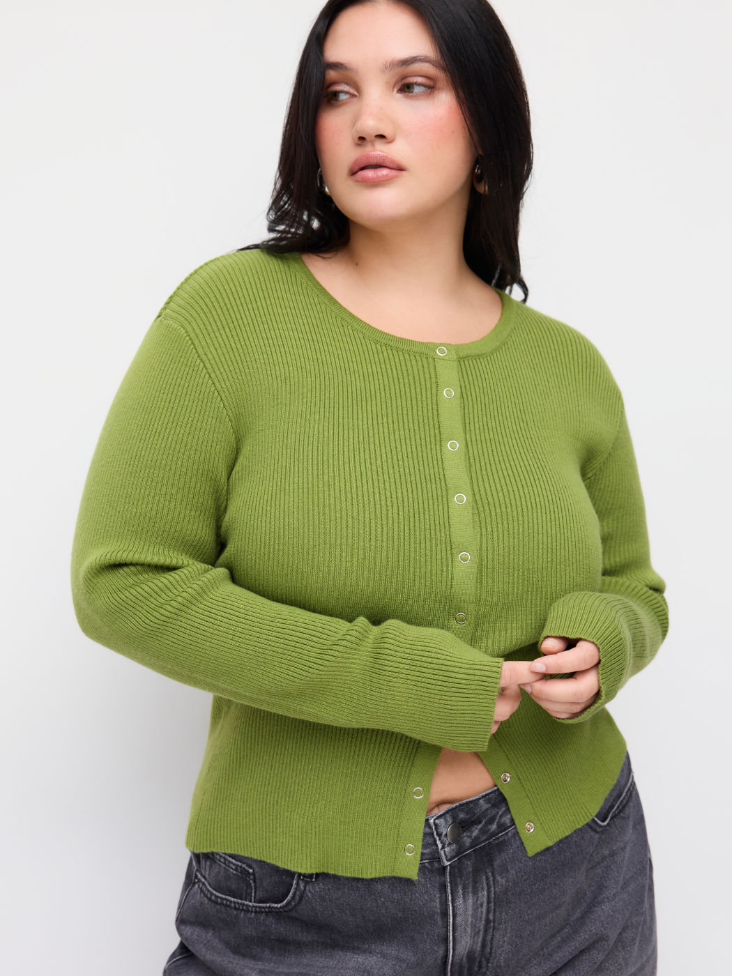 Knit Wool-blend Round Neckline Long Sleeve Button Top Curve & Plus