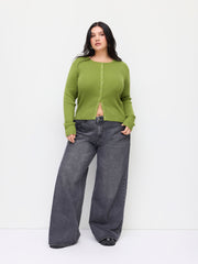 Knit Wool-blend Round Neckline Long Sleeve Button Top Curve & Plus