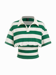 Cotton-blend Stripe Collar Short Sleeve Cinched Waist Tee