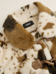 Deer Print Faux Fur Collar Toggle Button Crop Jacket