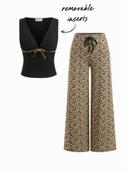 V-neck Bowknot Top & Mid Rise Leopard Print Drawstring Wide Leg Trousers Loungewear Set