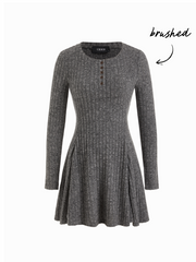 Textured Round Neckline Long Sleeve Ruffle Button Mini Dress