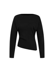 Knit Boat Neck Asymmetrical Hem Split Long Sleeve Top